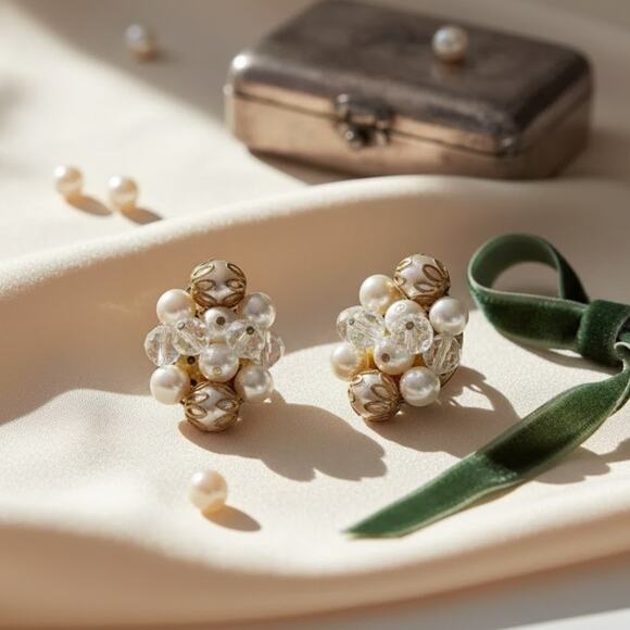 Vintage Faux Pearl Cluster Clip On Earrings - Picture 1 of 12